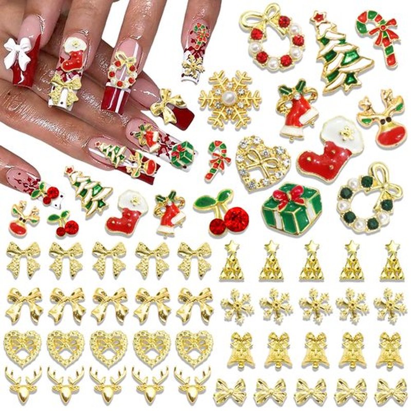 RODAKY 62PCS Christmas Nail Charms 3D Snowflake Santa Claus Charm and Gems Rhinestone Jingle Bell Elk Gold Nails Art Jewelry for Manicure Design Decoration Accessories
