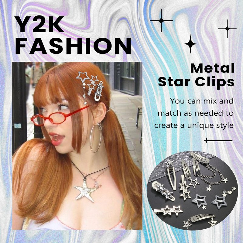 YAEISM 10PCS Star Hair Clips Y2K Silver Hair Clips Metal Star Barrettes 8 Shapes Pentagram Hair Snap Clips Punk Kawaii 2000s Hair Accessories for Women