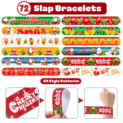 Cherisnowy Christmas Party Set (144PCS) | 72 Temporary Tattoos & 72 Slap Bracelets | Fantasy Merry Xmas Party Favors, Stocking Stuffers, Classroom Gifts & Holiday Decorations for Kids