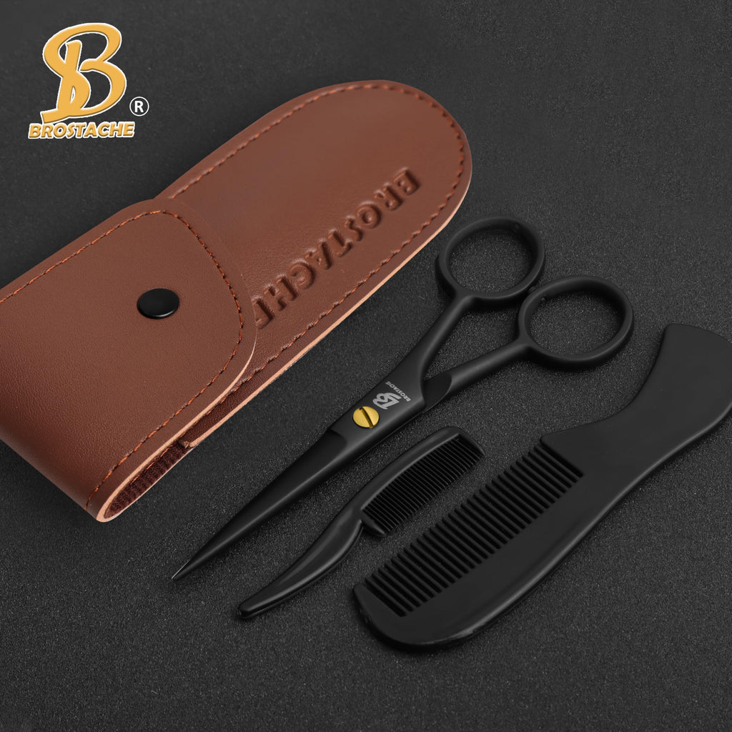5” Professional Beard and Mustache Scissors, German Steel Beard Scissors Come with Mustache Comb, Beard Comb and Carrying Pouch. Grooming Scissor for All Facial Hair Scissors (Black)