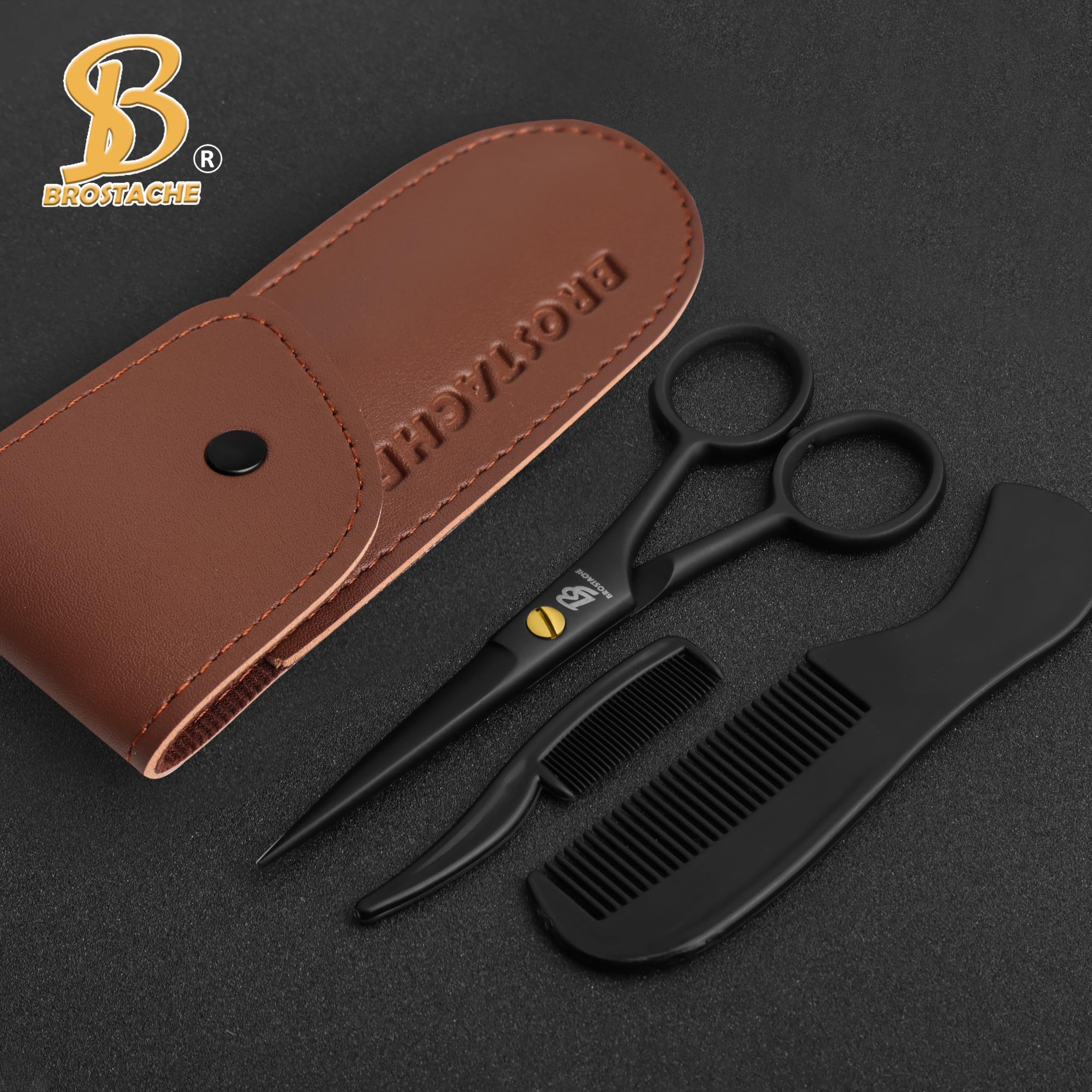 5” Professional Beard and Mustache Scissors, German Steel Beard Scissors Come with Mustache Comb, Beard Comb and Carrying Pouch. Grooming Scissor for All Facial Hair Scissors (Black)