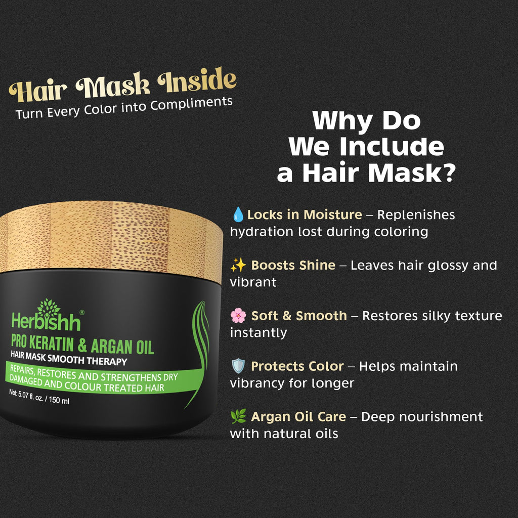 Herbishh After Color Shampoo Combo, 1 Hair Color Shampoo Hair Dye 500ml Argan Oil + 30ml Pro Keratin + 150 ml Argan Hair Mask, Hair Straightening, Shine And Protection, Men And Women (Chestnut Brown)