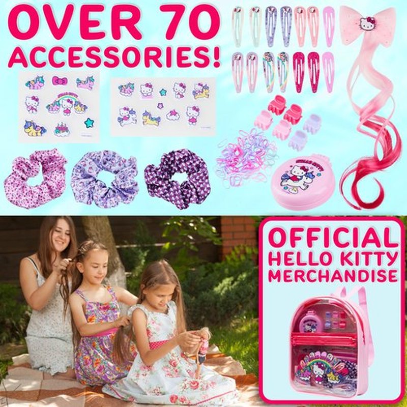 Hello Kitty Sanrio Hair Accessories, Clear Backpack Gifts for Girls, Kawaii Hair Ties, Clips, Stickers, Brush, Scrunchies, Cute Travel Bag (Pink Hello Kitty)