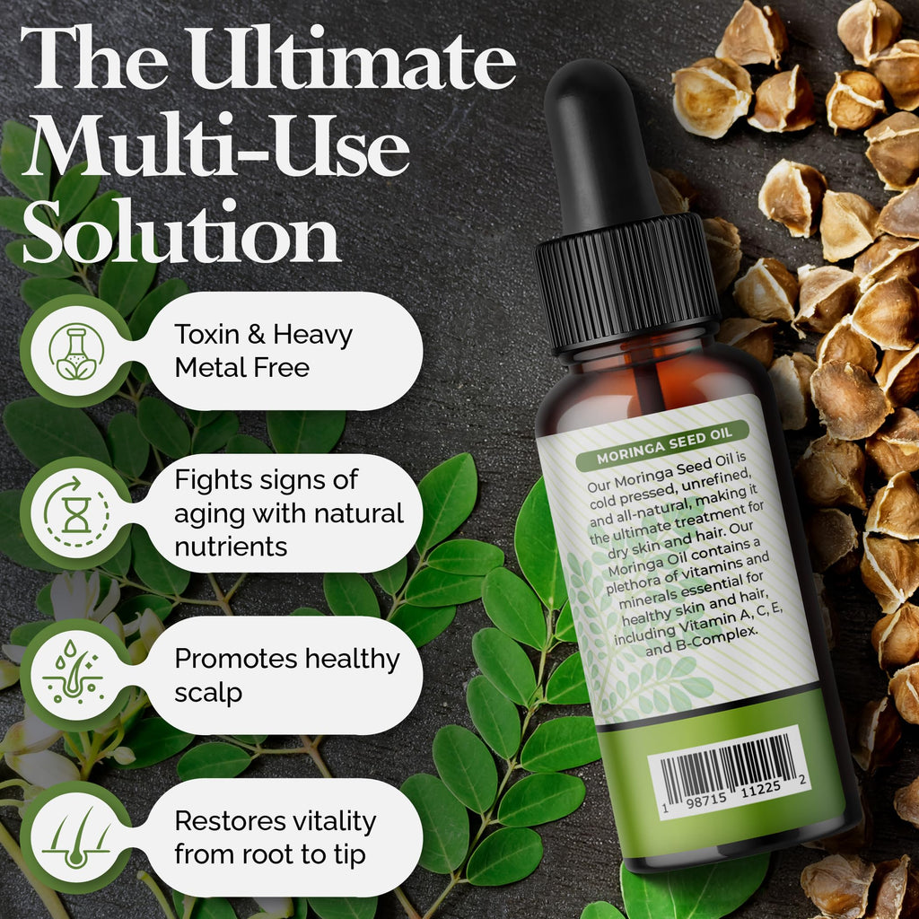 Moringa Seed Oil – 100% Pure, Cold-Pressed & Virgin, Unrefined Non-GMO Vegan Oil, Ultra-Hydrating Moisturizer for Dry Skin, Damaged Hair & Body, Anti-Aging, Ideal Carrier Oil