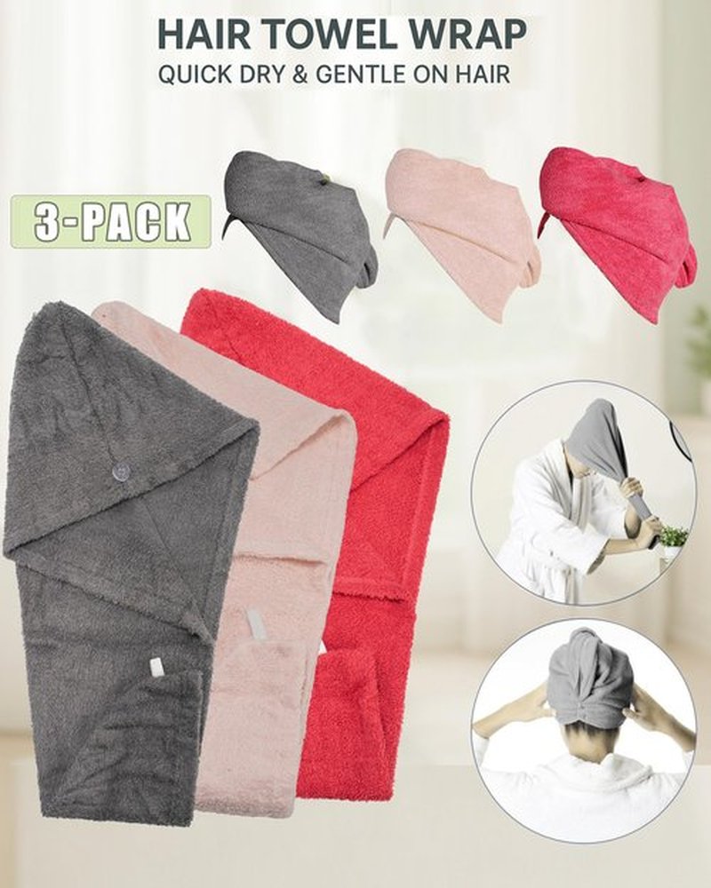 Textila 100% Cotton Hair Wrap Towels for Women, (Pack of 3 - Raspberry, Pink & Grey) Head Towel Cap, Cotton Hair Turban Towel Wrap for Long Curly Anti Frizz Hair, Soft and Absorbent Cotton Hair Towels