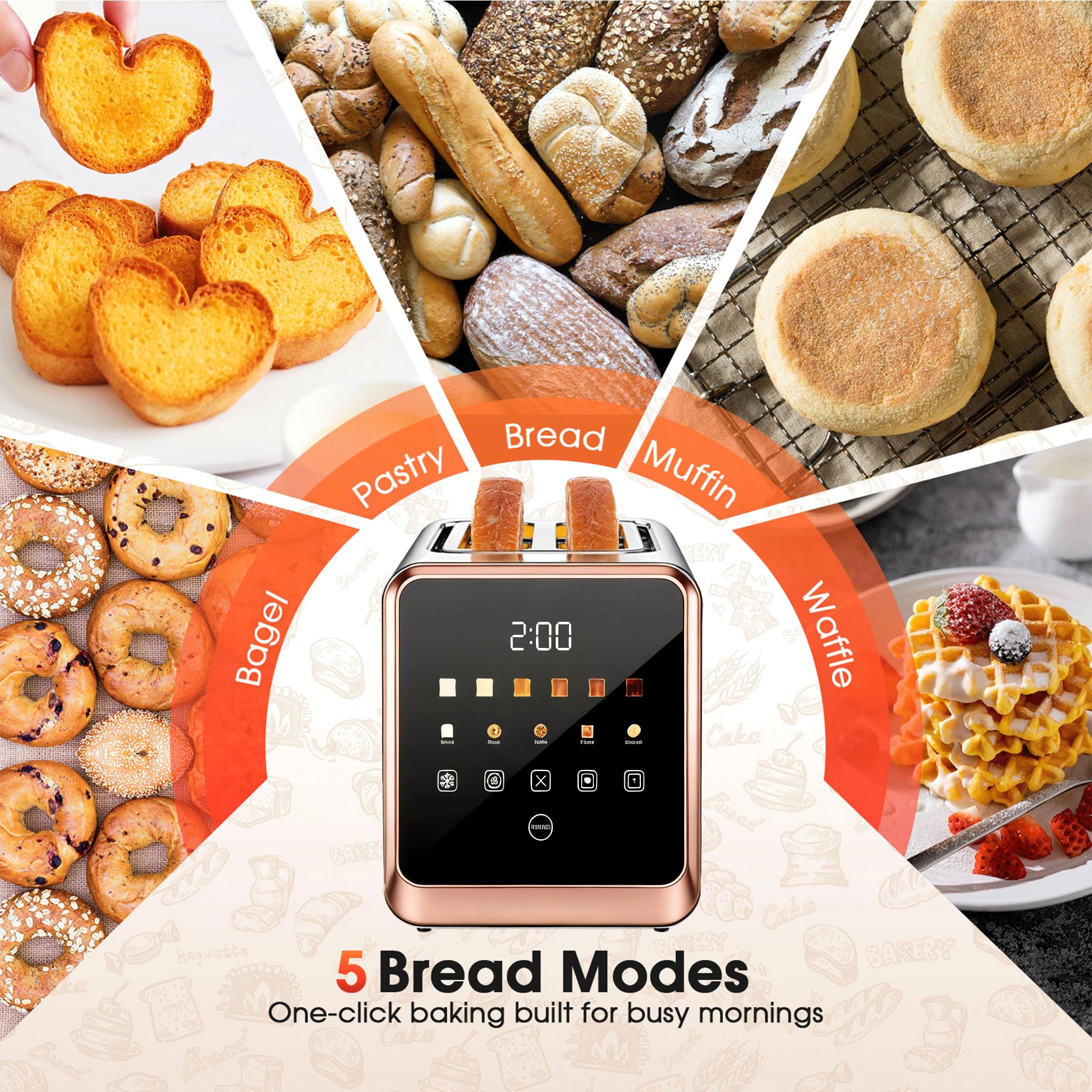 Touch Screen Toaster 2 Slice, Smart Digital with 1-Touch Memory, 1.5" Wide Slot for Bagels, 5 Bread Types & 6 Shade Settings, 900W, Defrost & Reheat