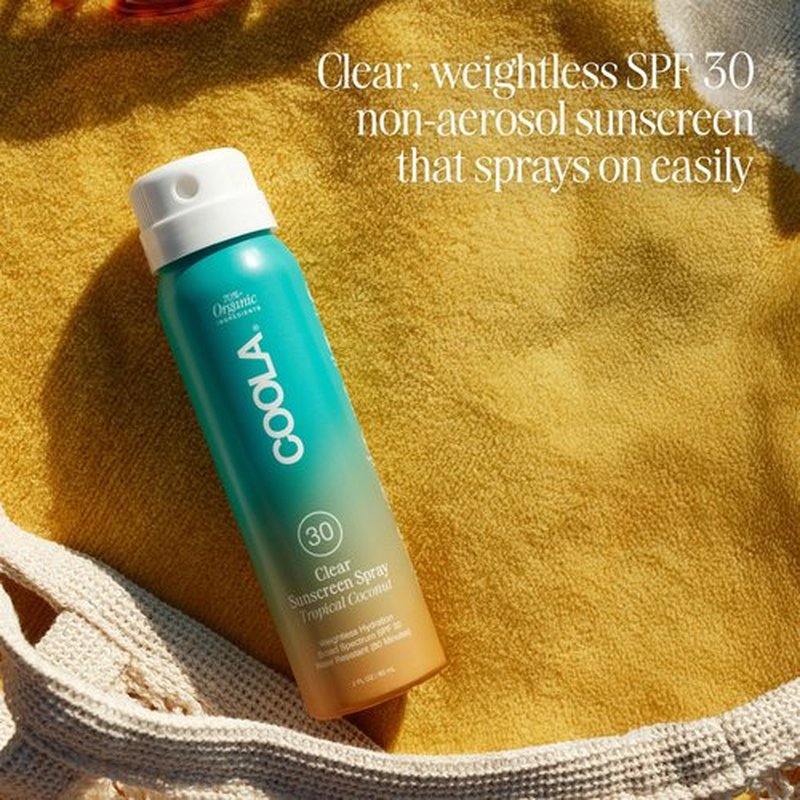 COOLA Organic Sunscreen SPF 30 Sunblock Spray, Dermatologist Tested Skin Care for Daily Protection, Vegan and Gluten Free, Tropical Coconut, 2 Fl Oz