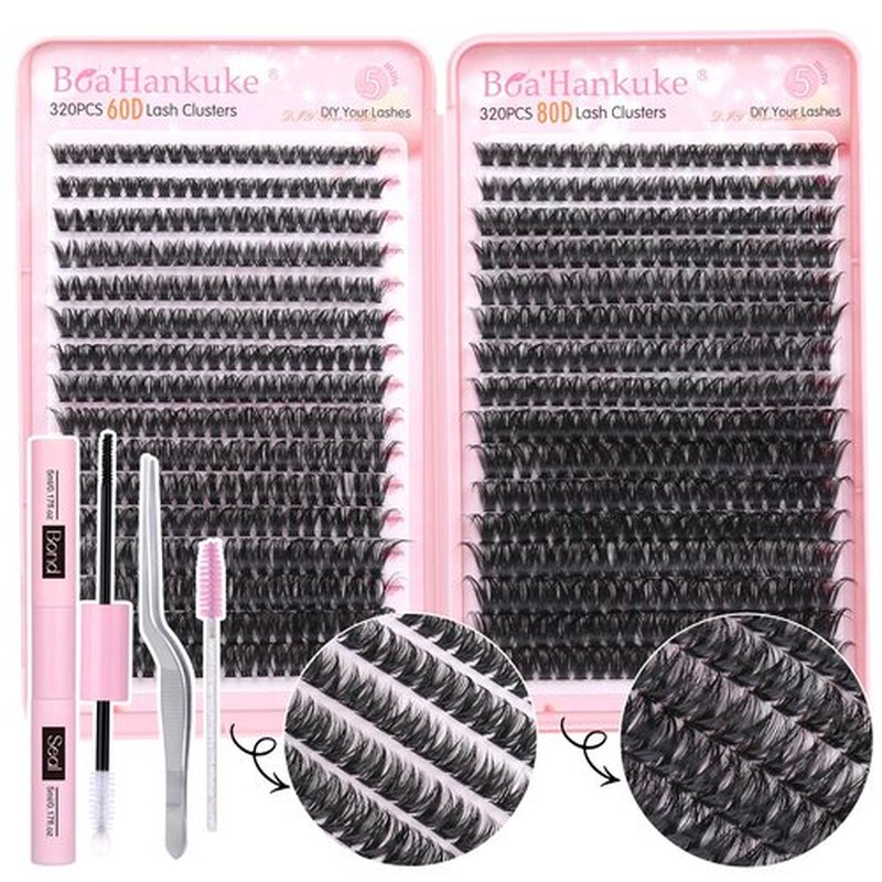 Boahankuke 640PCS Lash Clusters Kit DIY Lash Extension Kit D Curl Volume Eyelash Extensions Individual Lashes Kit with Lash Bond and Seal, Tweezers (60D 8-16mm, 80D 10-18mm) by Boahankuke