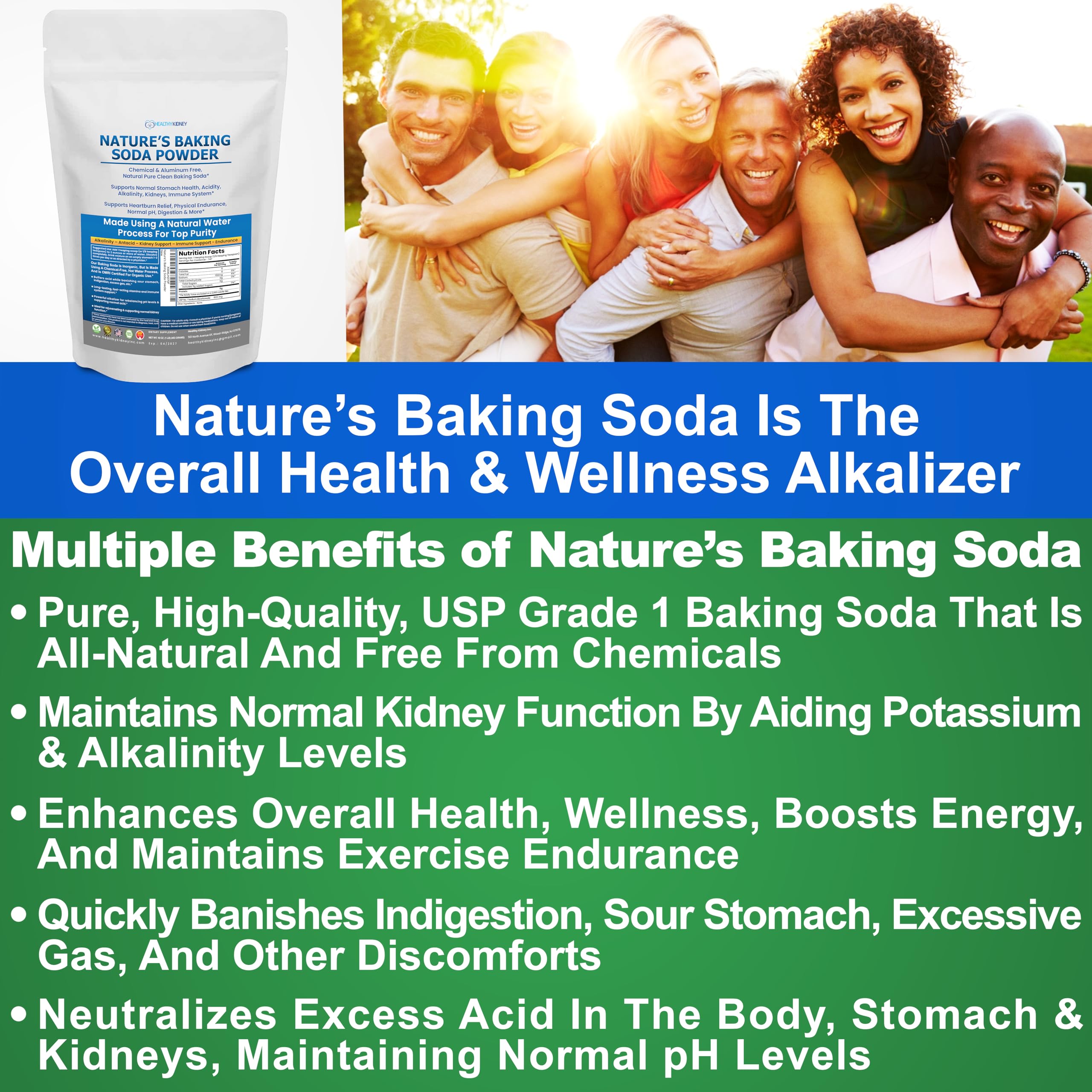 Nature’s Baking Soda Supplement Powder Organic Use Aluminum Free Better Than Baking Soda Tablets. No Chemicals Pure Powder for Health, Kidneys, Stomach & Wellness 1lb