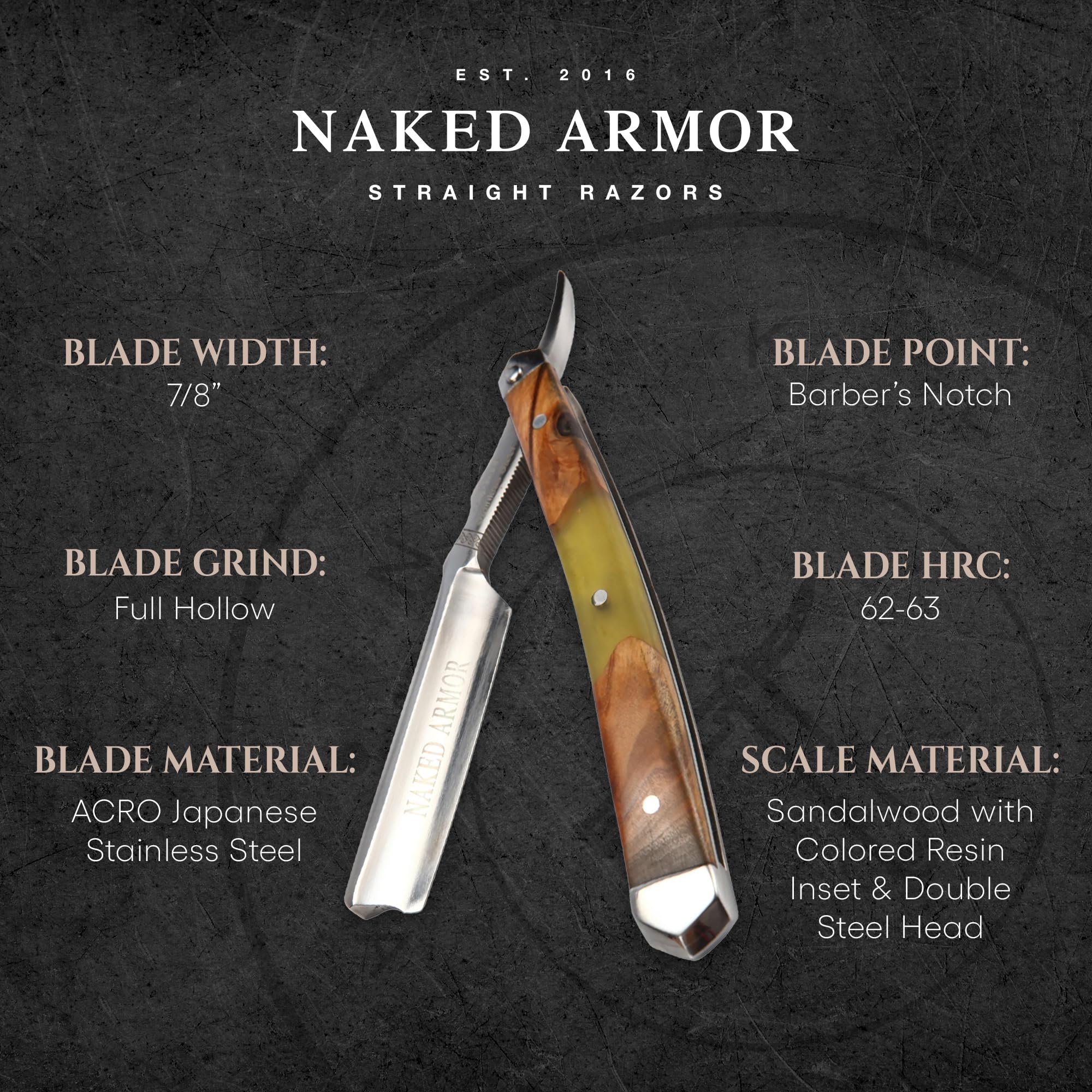 Naked Armor Professional Straight Razor for Men - Shave Ready 7/8" Japanese Stainless Steel Barber Razor - Griflet Straight Edge Razor with Sandalwood Handle, Leather Travel Case & Gift Box