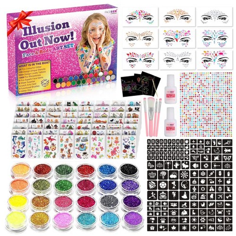 Glitter Tattoos for Kids, Glitter Tattoo kit, Face Gems, Rhinestones, Temporary Tattoos, Face Glitter Festival, face gems Stick on, Festival Accessories, face gem for Festivals,Girls Birthday Present