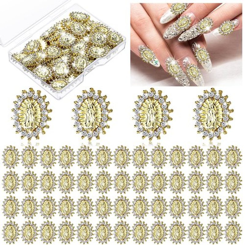 Lounsweer 50 Pcs Mini Virgin Mary Nail Charms for Women 3D San Judas Mary Gems Shiny Zircon Alloy Jesus Art Charms Metal Buddha Gold Nail Jewels Gems Religious Rhinestones Accessory