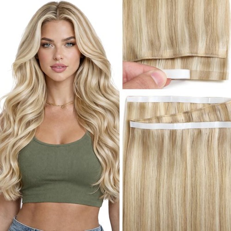 Anrosa Tape Weft Hair Extensions 22 Inch Tape in Genius Weft Tape in Hair Extensions Ash Blonde with Platinum Blonde Invisible Hand Tied Hair 60G