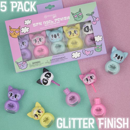 EXPRESSIONS 5pc Critter Character Nail Polish Set for Girls -Water Based Colorful Novelty Nail Polishes, Safe and Non Toxic Manicure Set & Pedicure Kit
