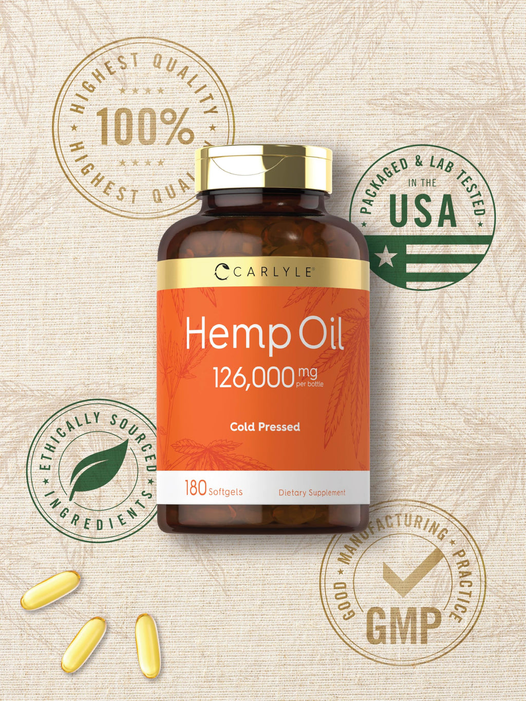 Carlyle Hemp Oil Softgel Capsules | 126,000 mg | 180 Count | Cold Pressed Supplement | Non-GMO and Gluten Free Formula