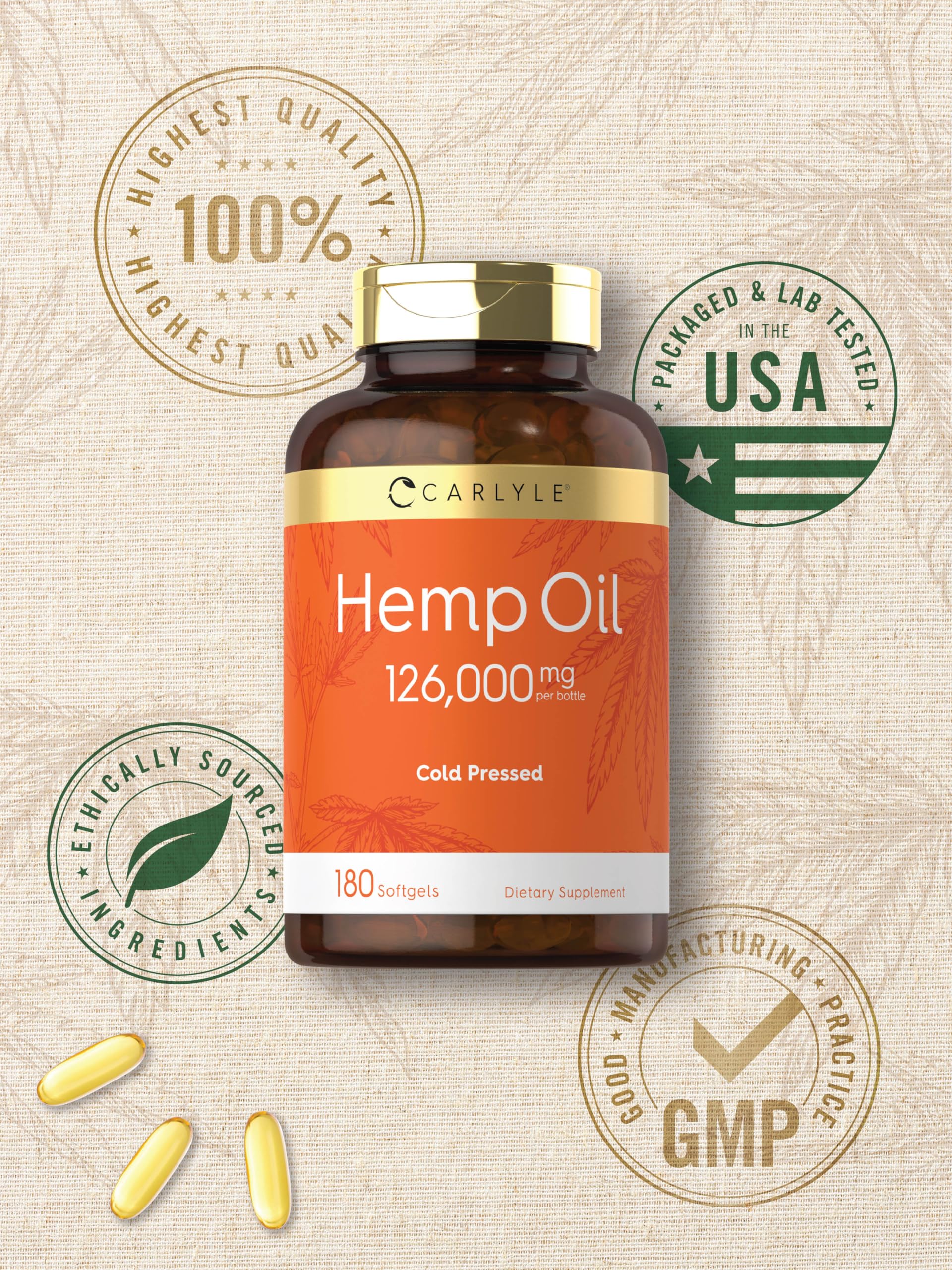Carlyle Hemp Oil Softgel Capsules | 126,000 mg | 180 Count | Cold Pressed Supplement | Non-GMO and Gluten Free Formula
