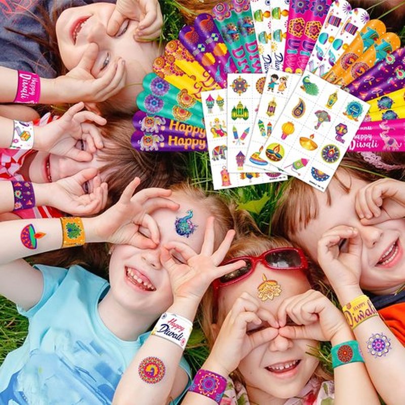 Cherisnowy 72PCS Diwali Party Set - 48PCS Temporary Tattoos & 24PCS Slap Bracelets - Festival Happy Indian -Themed Birthday Supplies, Baby Shower Gifts, Classroom Rewards & Party Decor for Kids