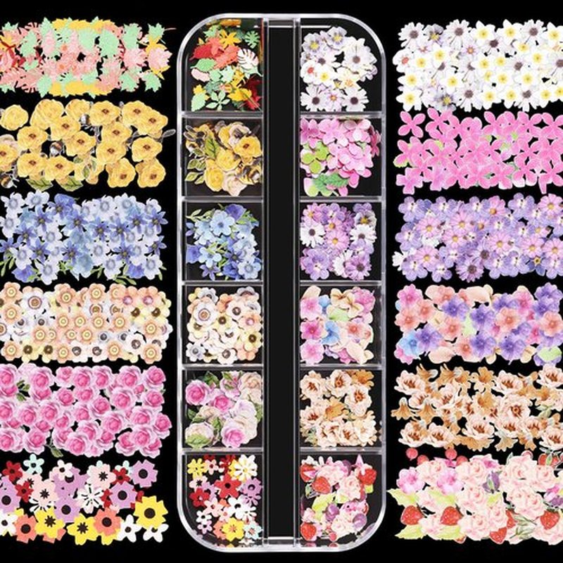Maitys 3 Boxes 1080 Pcs 3D Flowers for Nails Decals (Not Self Adhesive or Stickers) Colorful Mixed 3D Flower Leaves Wood Pulp Nail Sequins for DIY Manicures