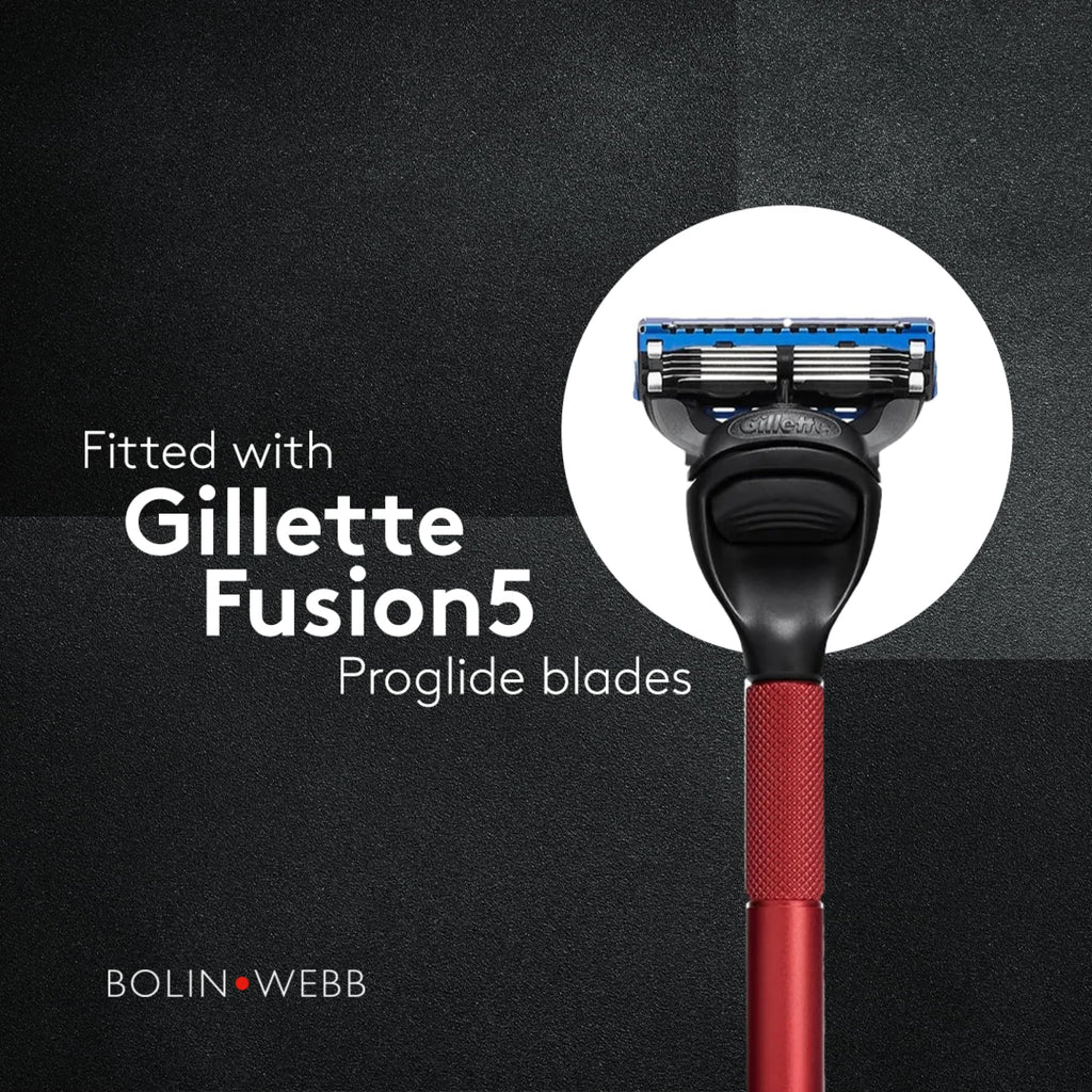 Bolin Webb Generation Razor & Stand - Luxury Razors for Men with Gillette Fusion 5 Blades, Premium Aluminum Shaving Razor for Smooth, Comfortable Shave, Ideal Gift & Daily Grooming Set (Red)