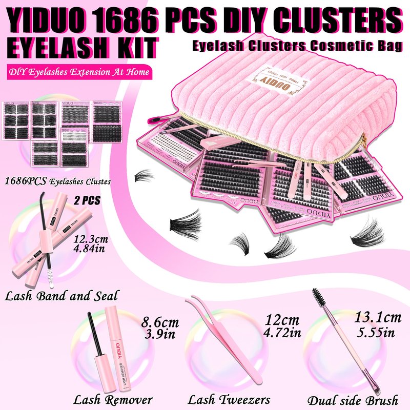 YIDUO Lash Cluster Kit Makeup Bag Set 1686pcs 40D+50D+60D+80D+100+Spikes+Bottom Full Eyelash Cluster Kit Volume Wispy DIY Lashes Extensions 10-20mm D Curl False Eyelash with 2X Bond&Seal DlY at Home