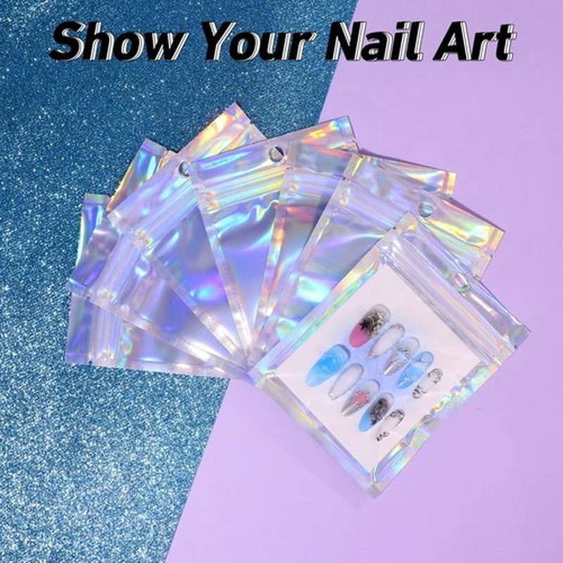 Raisetip 100PCS Press on Nail Packaging Bag, 100PCS Display Card with 7 Sheets Pre-cut Adhesive Tape & Diamond Art Pens & Glue Clay & Tweezers, 6-in-1 Set for Nail Display Profession Salon