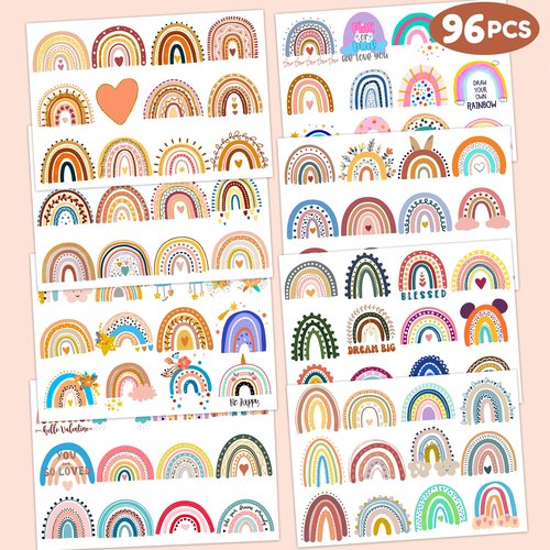 Boho Rainbow 1st Temporary Tattoos 8 Sheets 96PCS Rainbow Party Decorations Supplies Favors Boho Pastel Theme Birthday Cute Stickers Christmas Gifts for Boys Girls Class School Prizes Carnival