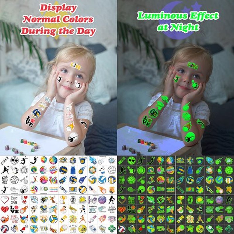 96PCS Cute Glow in the Dark Volleyball Temporary Tattoos Themed Birthday Party Decorations Supplies Favors Cool Funny Summer Beach Games Glow in The Dark Tattoo Stickers Gifts For Kids (Luminous)