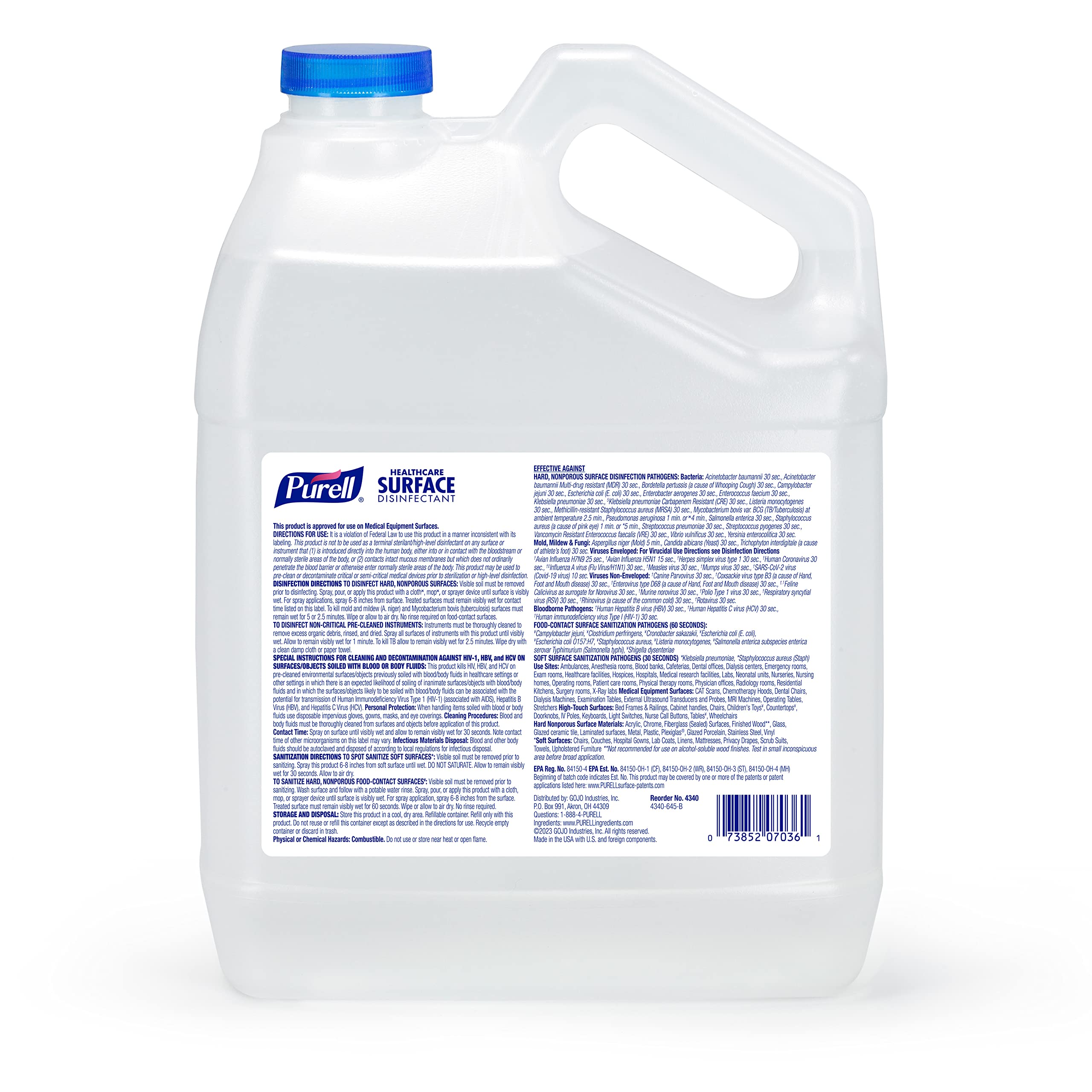 Purell Healthcare Surface Disinfectant, Fragrance Free, 1 Gallon Surface Disinfectant Pour Bottle Refill - 4340-04, 128.0 fl oz, Clear (Pack of 4)