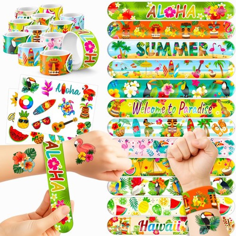 Cherisnowy 48PCS Hawaiian Party Set - 24PCS Temporary Tattoos & 24PCS Slap Bracelets - Summer-Themed Birthday Supplies, Baby Shower Gifts, Classroom Rewards & Party Decor for Kids (Boys & Girls)