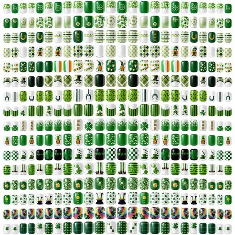 384 Pieces 16 Pack St Patrick's Day Press on Nails Short Fake Nails Green Square False Nails Shamrock Acrylic Artificial Nails Short Length Full Cover Coffin for Women Girls