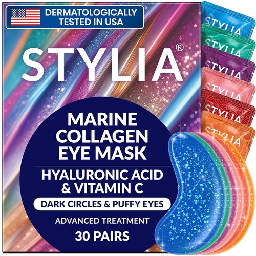 Stylia Collagen & Vitamin C Under Eye Patches - Hydrating, Firming Mask for Puffy Eyes & Dark Circles | 30 Pairs, Vegan
