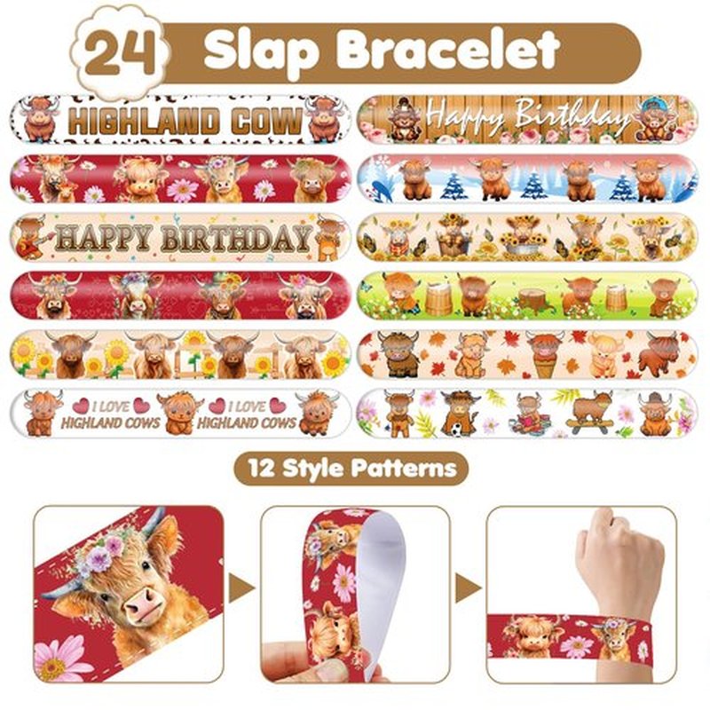 Cherisnowy 48PCS Highland Cow Party Set - 24PCS Temporary Tattoos & 24PCS Slap Bracelets - Farm-Themed Birthday Supplies, Baby Shower Gifts, Classroom Rewards & Party Decor for Kids (Boys & Girls)