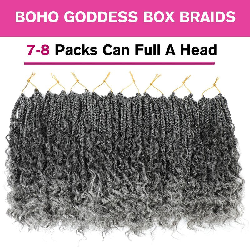 Wodun Goddess Box Braids Crochet Hair 10 Inch, Box-Braids Crochet-Hair For Black Women Pre Looped Bohemian Box Braiding with Curly Ends(10inch,8 Packs, Tgrey)