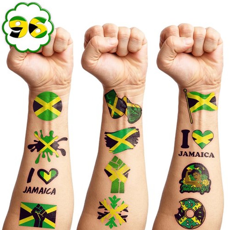 100 PCS Jamaica Flag Temporary Tattoos Themed Birthday Party Decorations Supplies Favors Decor Yellow Green Jamaican Palm Tree Tattoo Stickers Gifts For Game Kids Boys Girls Classroom School Prizes