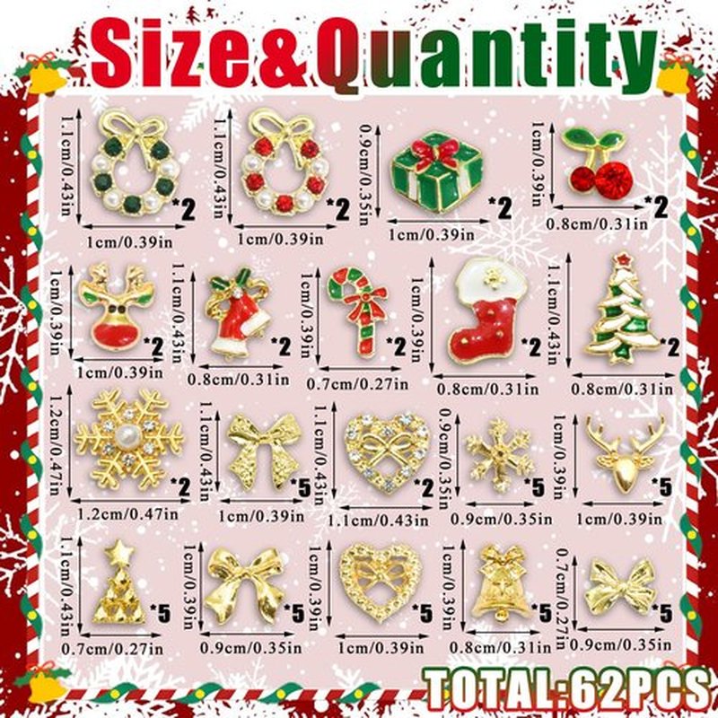 RODAKY 62PCS Christmas Nail Charms 3D Snowflake Santa Claus Charm and Gems Rhinestone Jingle Bell Elk Gold Nails Art Jewelry for Manicure Design Decoration Accessories