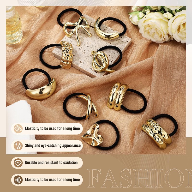 Yuxung 9 Pcs Gold Hair Tie for Women, Gold Cuffs, Metal Geometric Hair Ties Non-damage Ponytail Cuffs Holders for Thick and Thin Ponytails