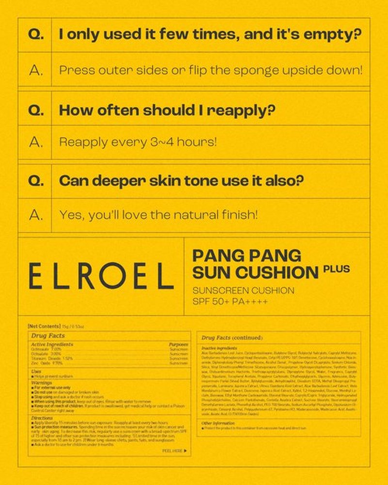 ELROEL Pang Pang Sun Cushion Plus - Korean Hypoallergenic & Lightweight Sunscreen with Puff Sponge - Broad Spectrum SPF50+ PA++++ (0.53 oz)