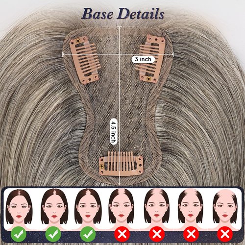 starluck 10 Inch Real Human Hair Topper for Women - 10 Inch No Bangs Topper with 3x4.5 Inch Swiss Lace Base, for Thinning Hair & Gray Root Coverage (Salt Papper)
