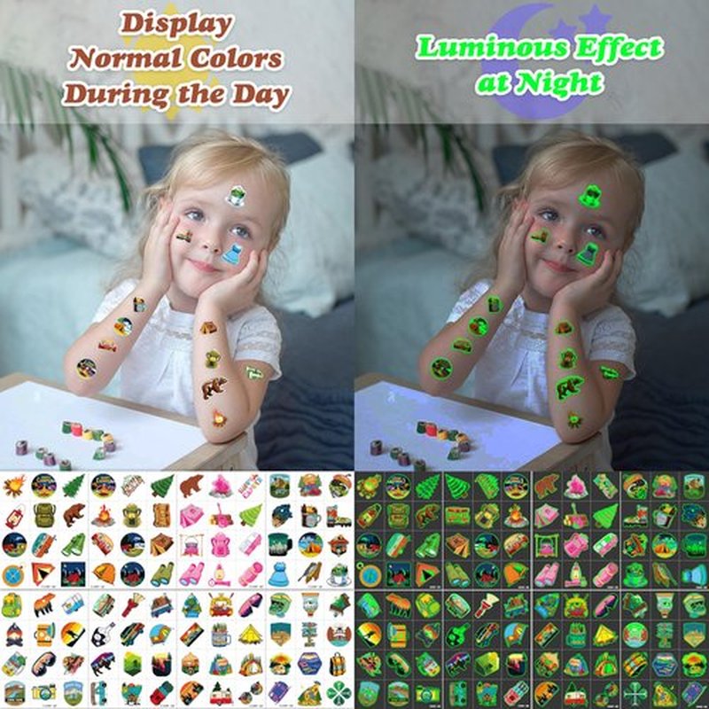 96 PCS Camp Camping Pre-Cut Luminous Glow in the dark Temporary Tattoos for Kids Themed Birthday Party Supplies Favors Decorations 8 Sheets Super Cute Fake Tattoo Stickers Gifts For Boys Girls Rewards