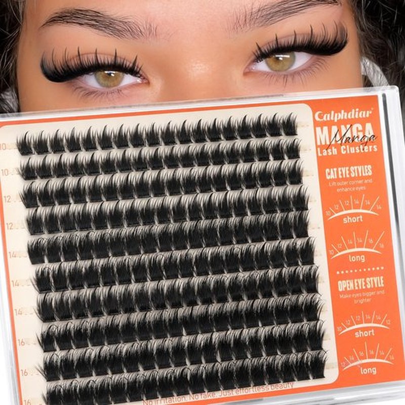 calphdiar Manga Lash Clusters Wispy Eyelash Clusters Spiky Fluffy Volume Cluster Eyelash Extensions 10 12 14 16mm Weightless Cluster Lashes Long Lasting Individual Lashes DIY Cat Eye Open Eye Looks