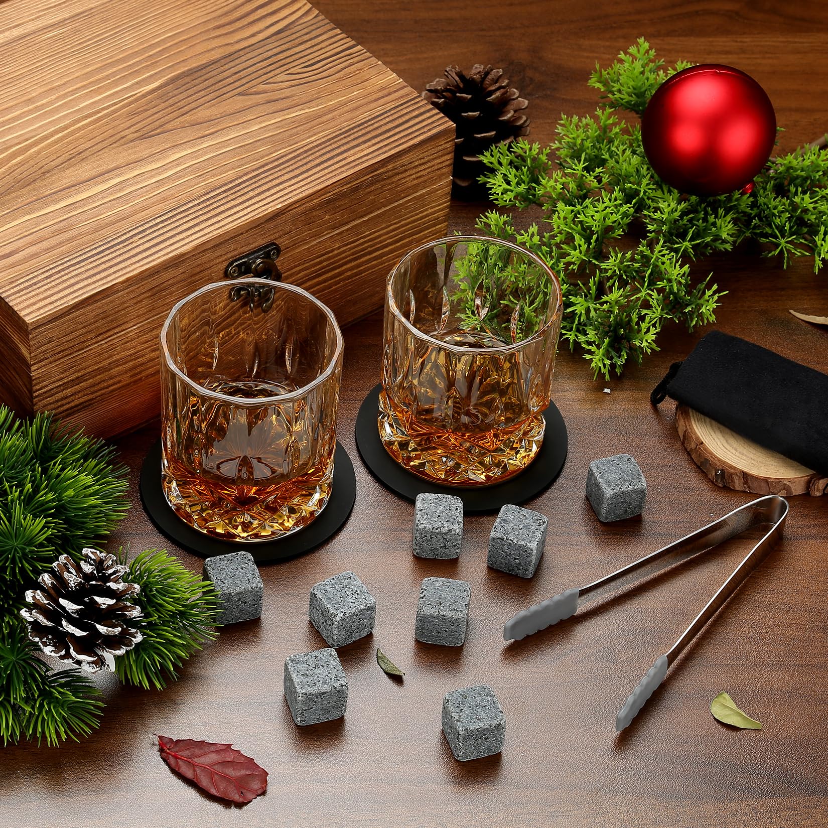 Sovyime Whiskey Stones Gifts for Men, Groomsmen Gifts, Granite Chilling Stones Bourbon Whiskey Glasses Set, Unique Birthday Gifts for Men Christmas Father's Day Valentine Retirement, 300ml