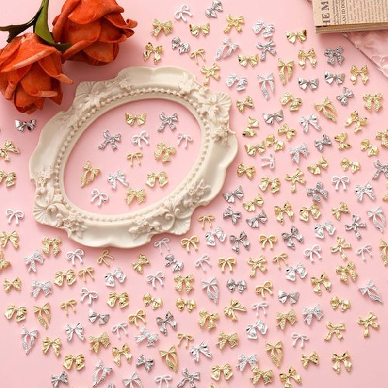 240Pcs Gold and Silver Bow Nail Charms, 3D Metal Alloy Bowknot Charms with Nail Art Pen & Tweezers for DIY Nail Decor, Jewelry Making, Craft Accessories for Women Girls