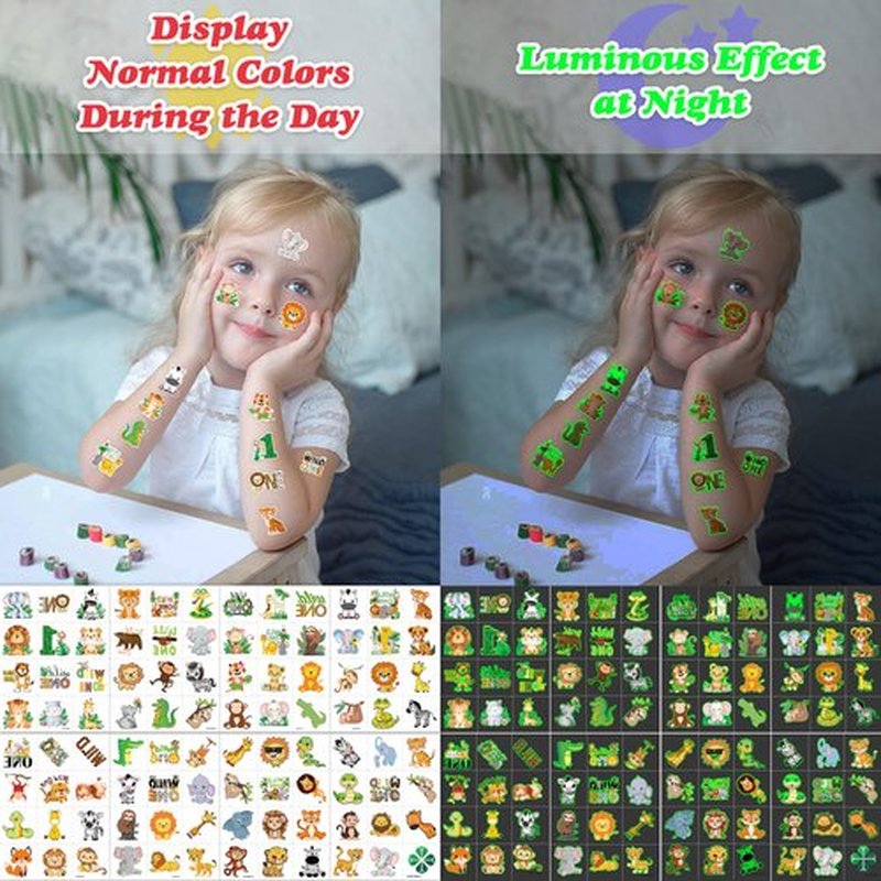 96 PCS Wild One Jungle Animal Glow In The Dark Pre-Cut Temporary Tattoos Sticker 1st First Birthday Decorations Party Supplies Favors Gifts Boys Girls Cute Fake Tattoo School Reward Themed (Luminous)