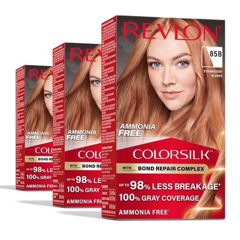 Revlon ColorSilk Blonde Permanent Hair Color - 100% Gray Coverage, Ammonia-Free, Vegan Keratin | 85B Strawberry Blonde (Pack of 3)
