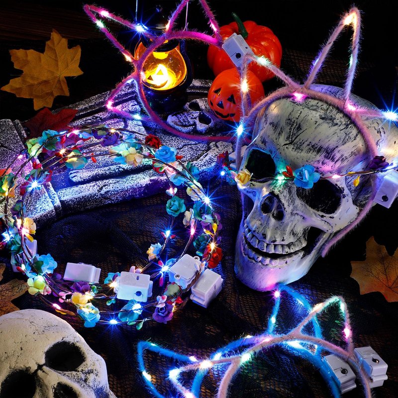 Xinnun 50 Pcs LED Unicorn Ear Headbands Bulk, Light up Cat Flower Headband Glow Crown Rabbit Ear Head Accessories for Adults Valentine's Day Mardi Gras Carnival Glow in the Dark Supplies