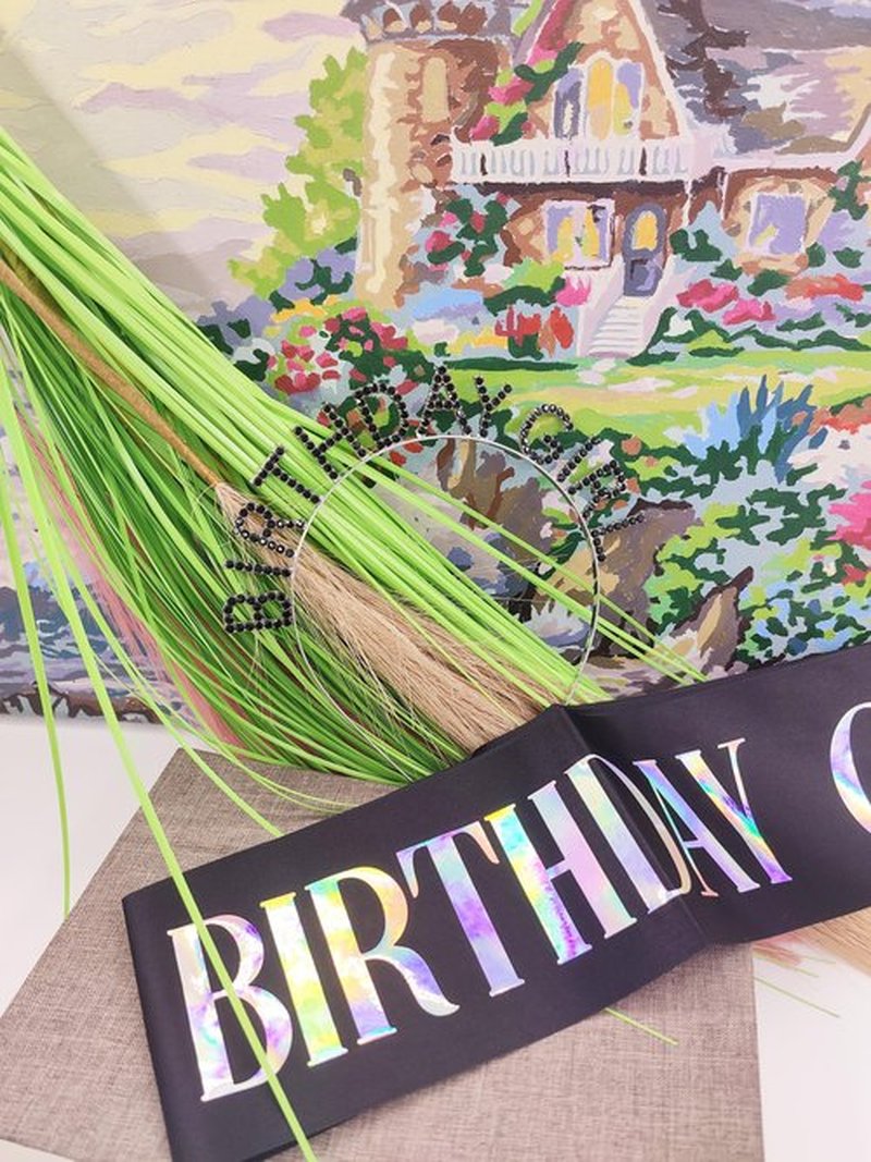 MGJSRNH Birthday Party Gift for Girls,Black Satin Silver Multicolour Iridescence Glitter Sash Decorations Supplies,Rhinestone Crowns Birthday Girl Headband for Women