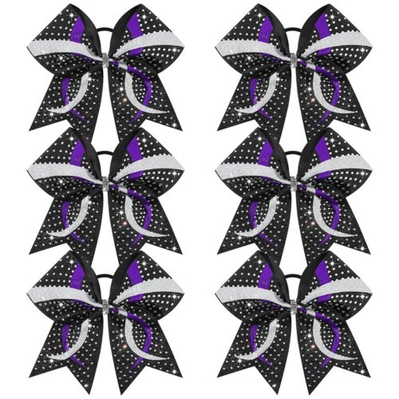 6PCS Full Glitter Rhinestone Cheer Bows Criss Cross Stiff Competition Large Cheerleading Hair Bows Elastic Band for Cheerleaders Girls -Black/Purple/Silver