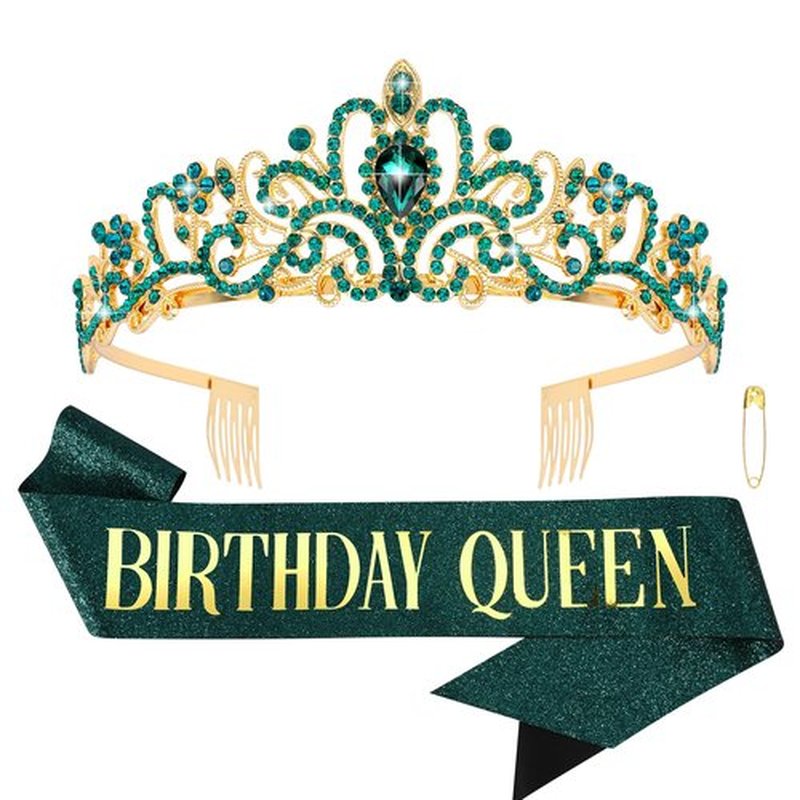 COCIDE Birthday Sash for Women Happy Birthday Crown Tiaras for Women Queen Princess Headband for Party Decoration Girl Green and Gold Sahes Hair Accessories Favors Gift