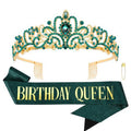 COCIDE Birthday Sash for Women Happy Birthday Crown Tiaras for Women Queen Princess Headband for Party Decoration Girl Green and Gold Sahes Hair Accessories Favors Gift