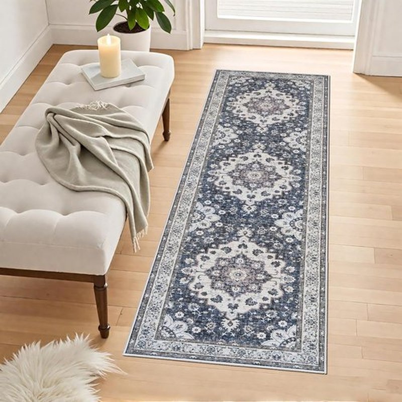Regine Switzerland Vintage Blue Washable Runner Rug - Stain Resistant Non-Slip Accent Mat (2x6)